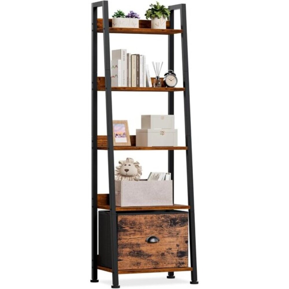 5-Tier Ladder Shelf, Rustic Wood Metal Bookshelf with Drawer for Home & Office